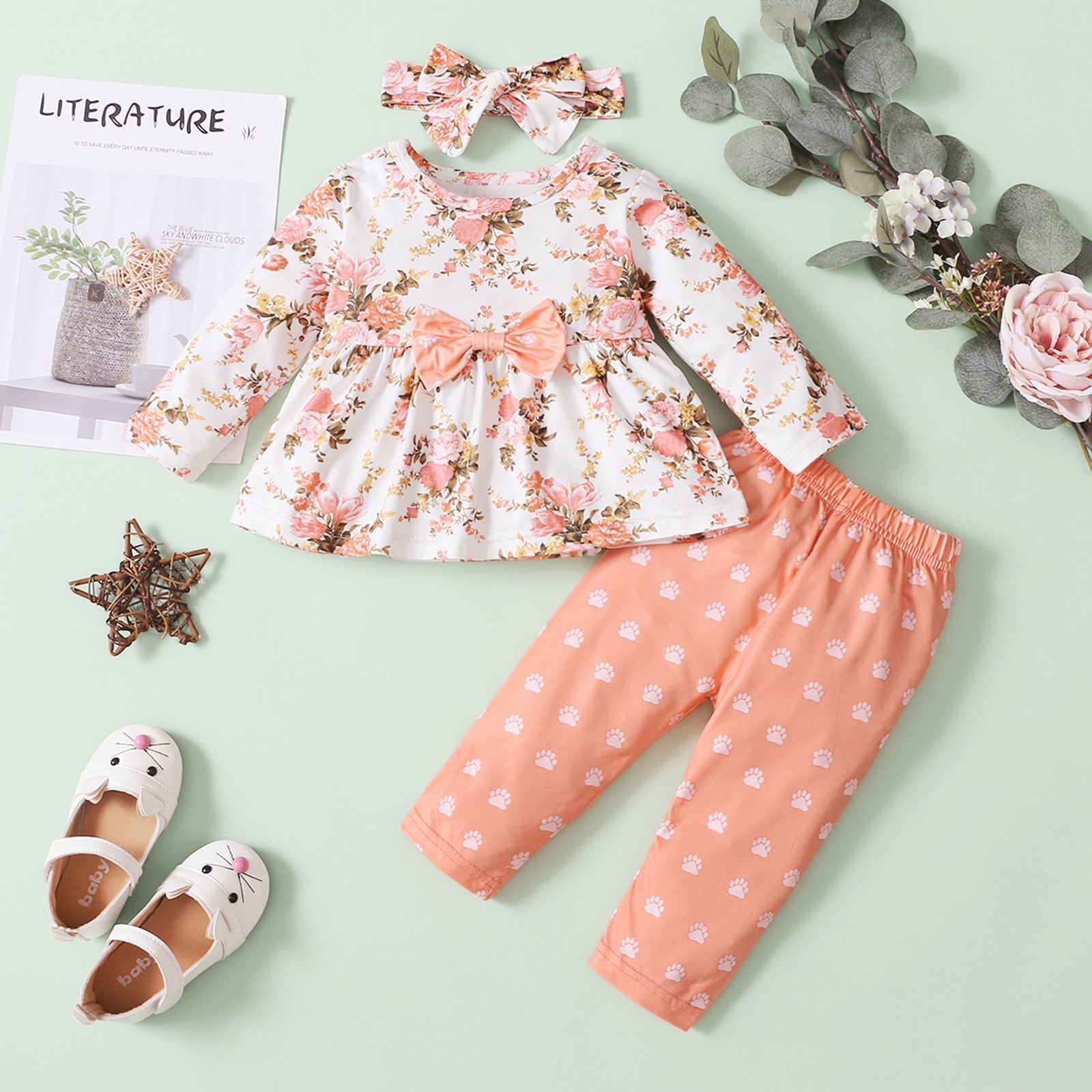 Cute 3pcs Floral Bow Top and Polka Dot Pants Set for Newborn Baby Girls