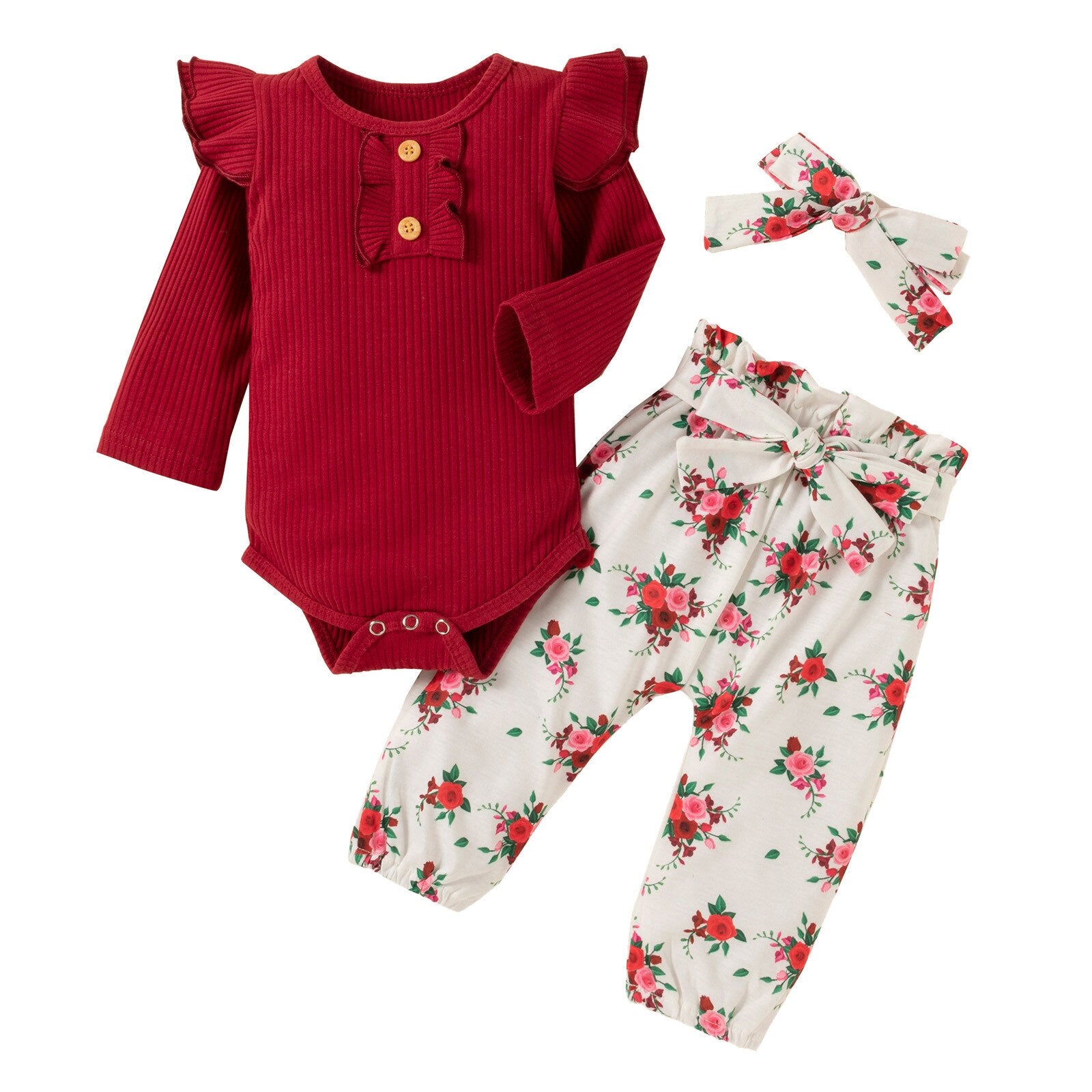 Adorable 3-Piece Infant Girl Outfit - Ribbed Bodysuit, Floral Pants and Headband Set