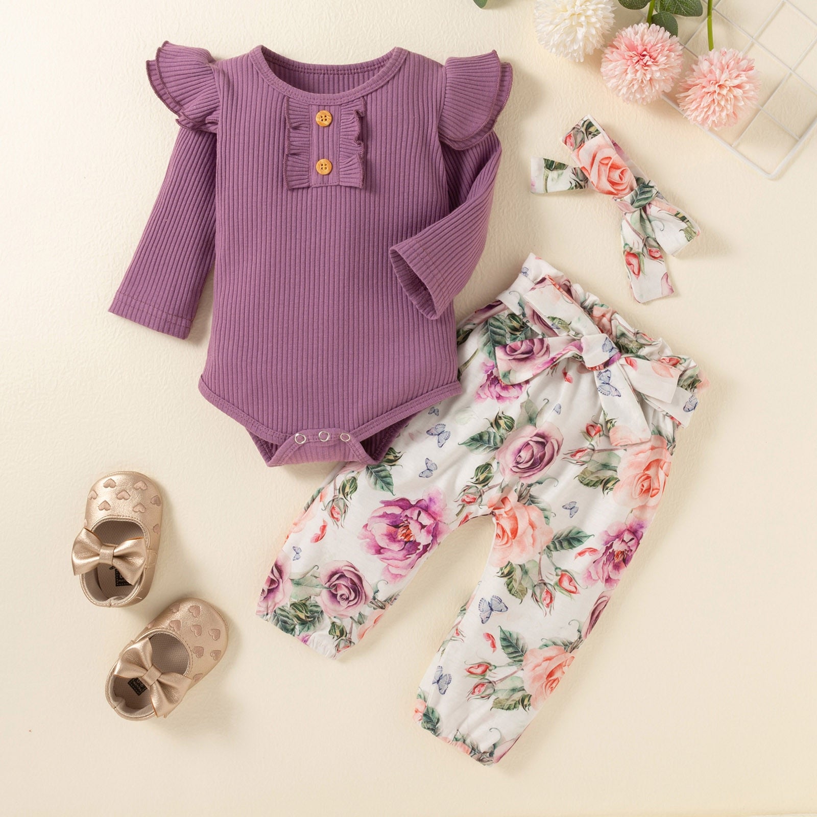 Adorable 3-Piece Infant Girl Outfit - Ribbed Bodysuit, Floral Pants and Headband Set