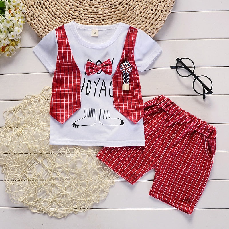 Cute Cartoon Lattice Tie Baby Boy Clothing Set for Summer