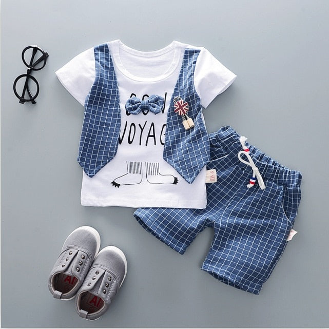 Cute Cartoon Lattice Tie Baby Boy Clothing Set for Summer