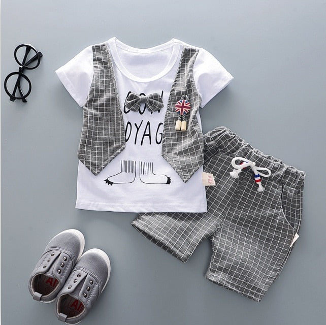Cute Cartoon Lattice Tie Baby Boy Clothing Set for Summer