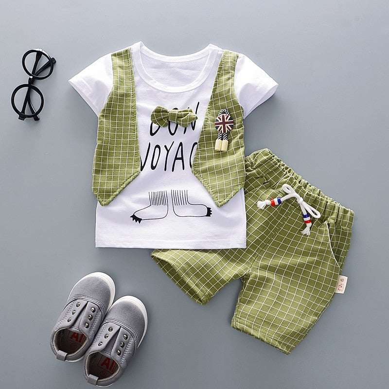 Cute Cartoon Lattice Tie Baby Boy Clothing Set for Summer