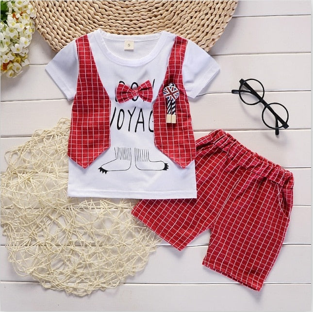 Cute Cartoon Lattice Tie Baby Boy Clothing Set for Summer