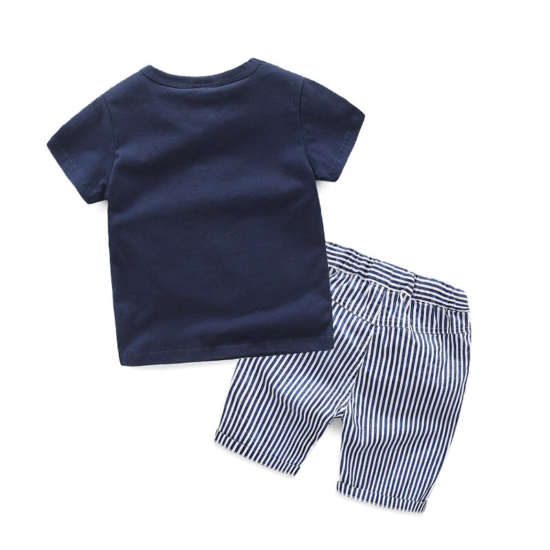 Cartoon Whale Fish Print T-Shirt and Striped Shorts Drawstring Handsome 2 Piece Kids Boy Casual Sets