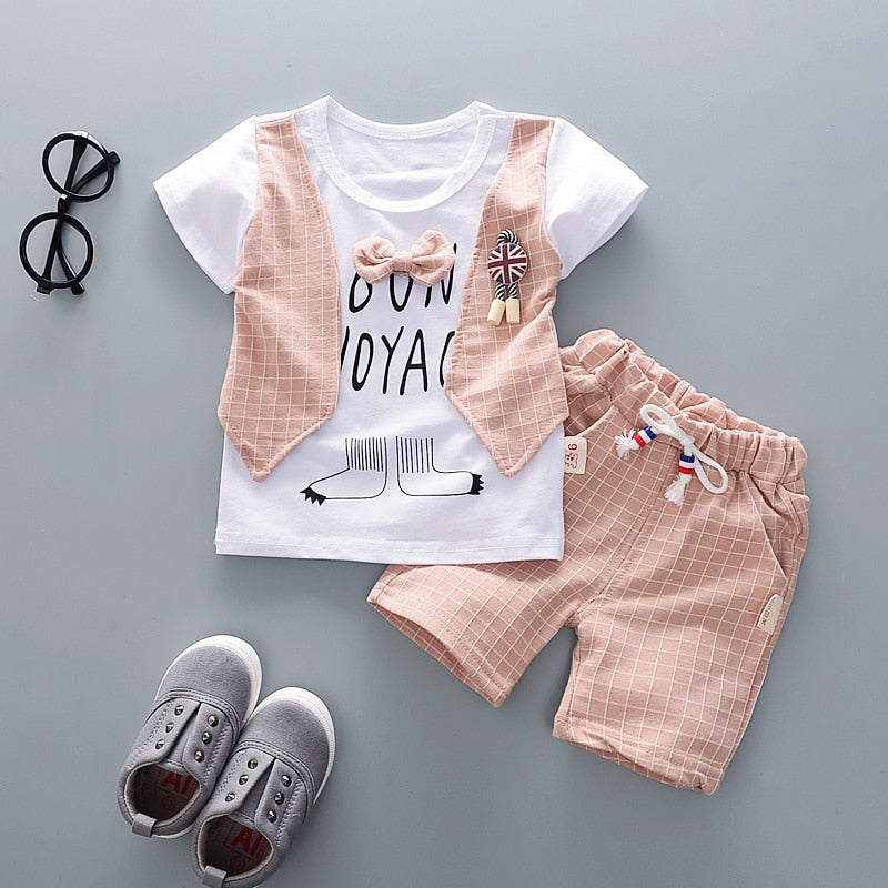 Cute Cartoon Lattice Tie Baby Boy Clothing Set for Summer