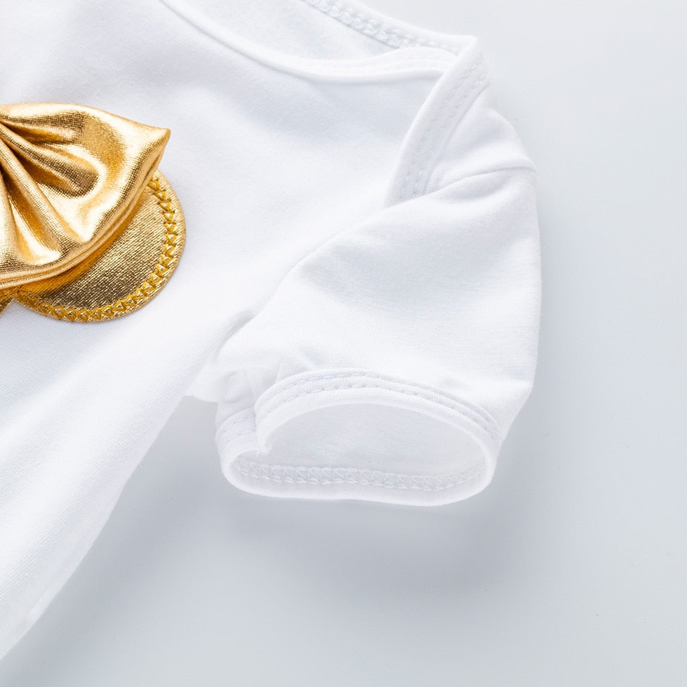 Charming Newborn Baby Girl Sets - White Cotton Rompers with Golden Ruffles and Tutu Skirts