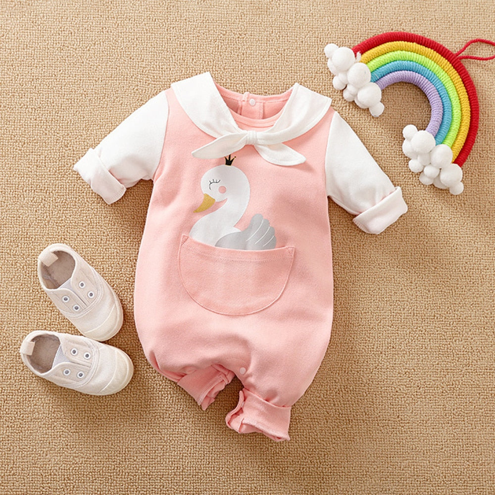 Cartoon Swan Rabbit Baby Jumpsuit with Baby Bibs Overalls