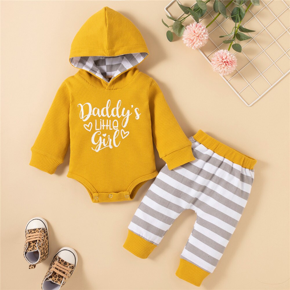 Adorable Baby Girl Bodysuit with Letter Print and Striped Leg Warmers