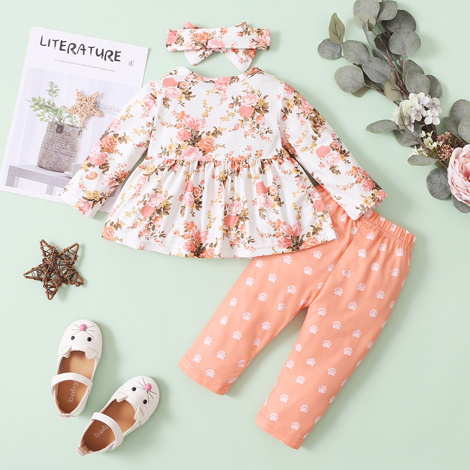 Cute 3pcs Floral Bow Top and Polka Dot Pants Set for Newborn Baby Girls