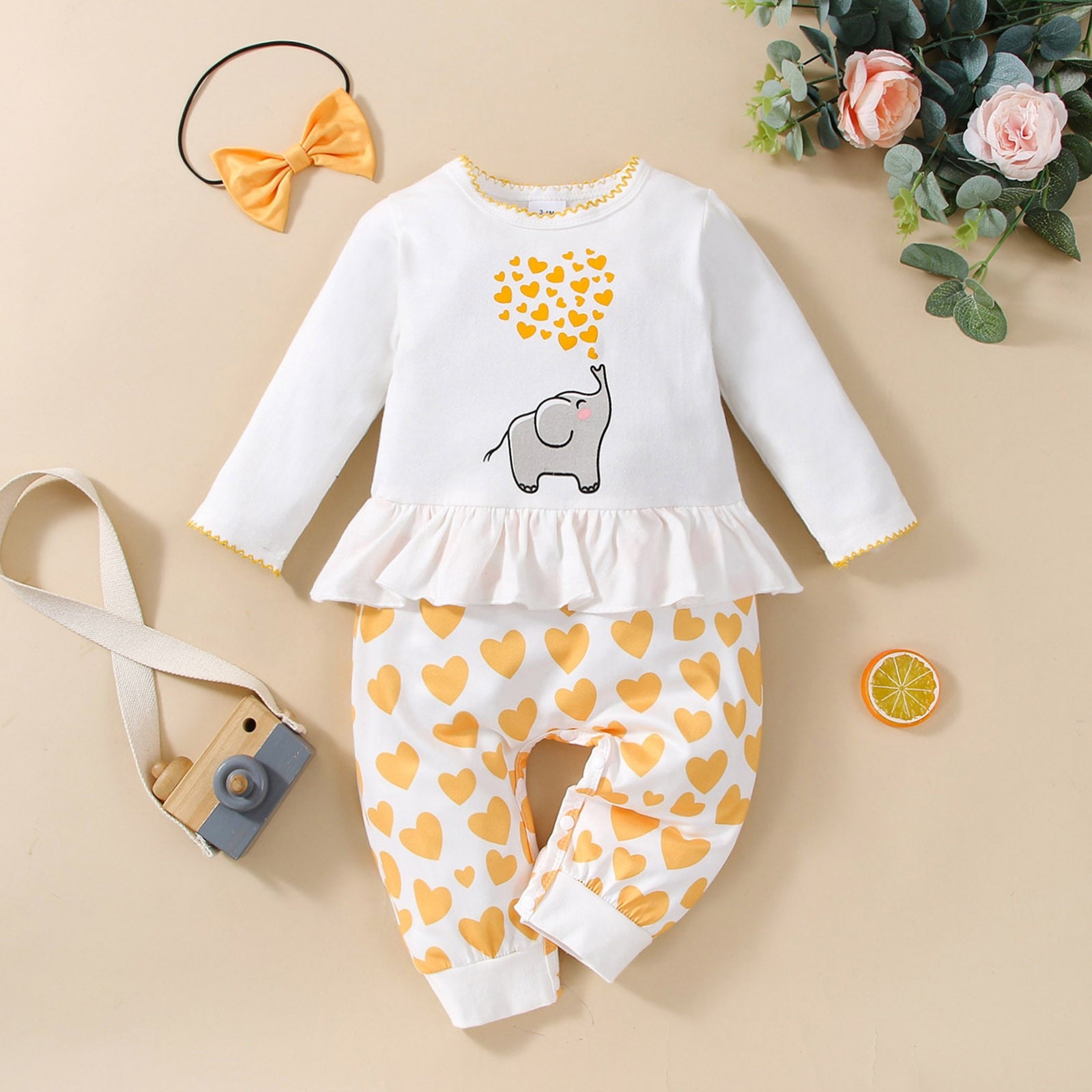 Infant Rompers + Headband Sets Spring Autumn Long Sleeve Suits Boys Girls Cartoon Heart Jumpsuit Girl Clothing Sets