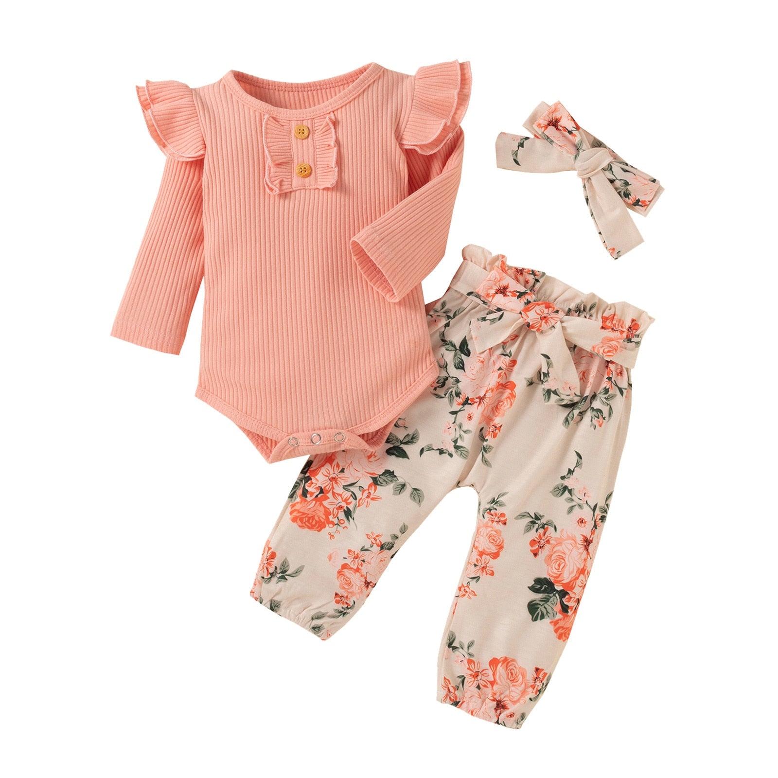 Adorable 3-Piece Infant Girl Outfit - Ribbed Bodysuit, Floral Pants and Headband Set