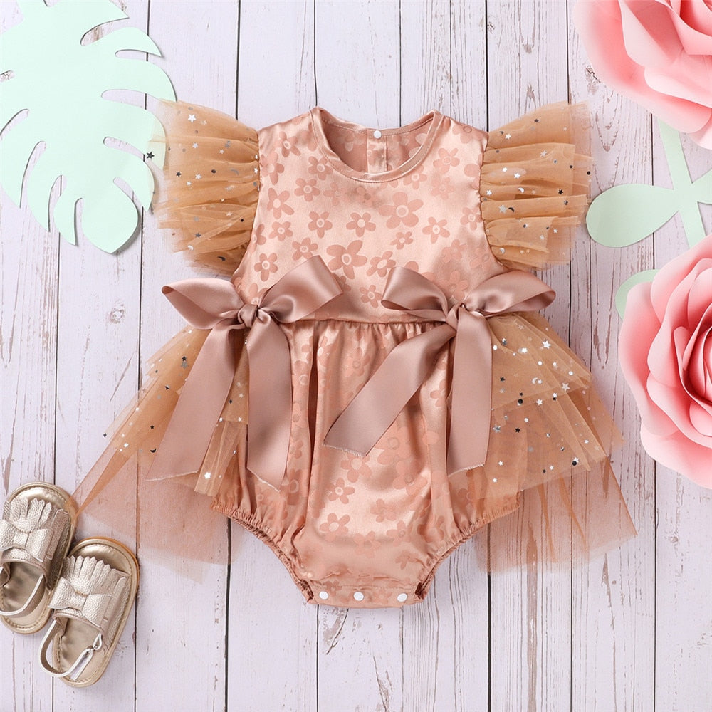Adorable Toddler Baby Girls Romper with Mesh, Ribbed Texture, Bow and Lace Details
