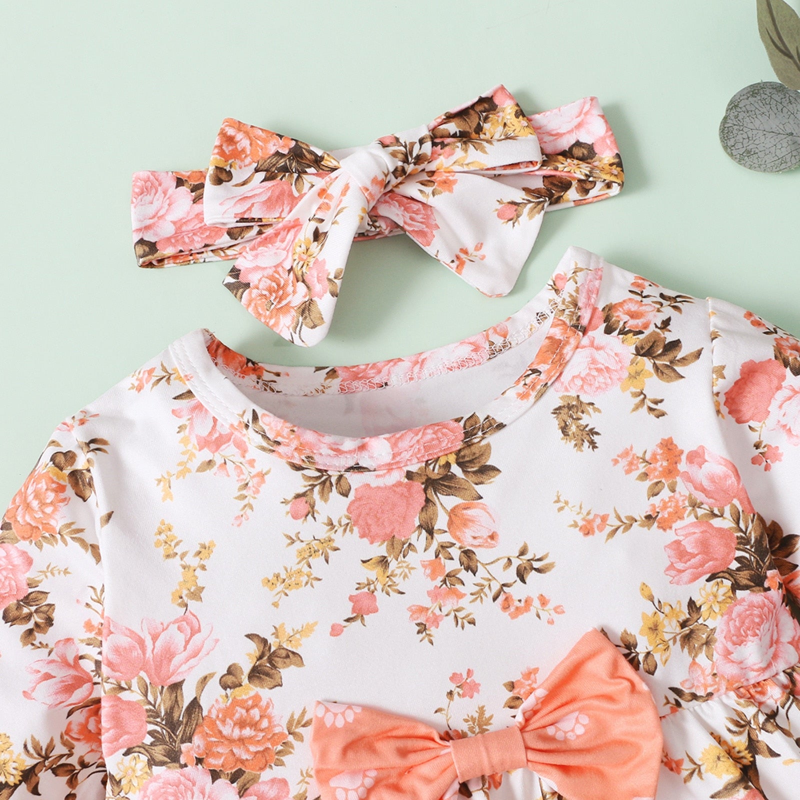 Cute 3pcs Floral Bow Top and Polka Dot Pants Set for Newborn Baby Girls