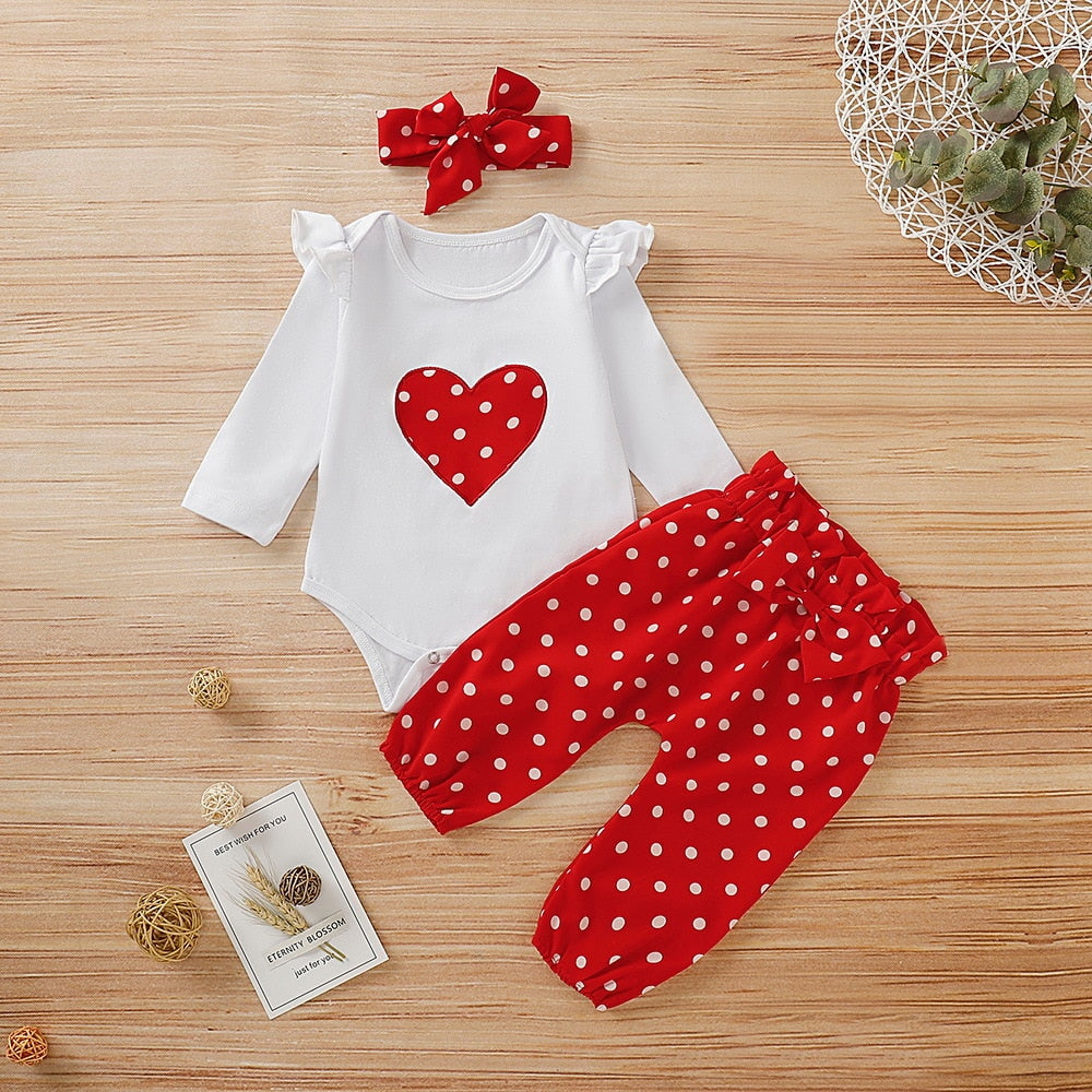 Stylish Newborn Baby Girls Clothes Set with Long Sleeve Heart Print T-shirt and Polka Dot Pants