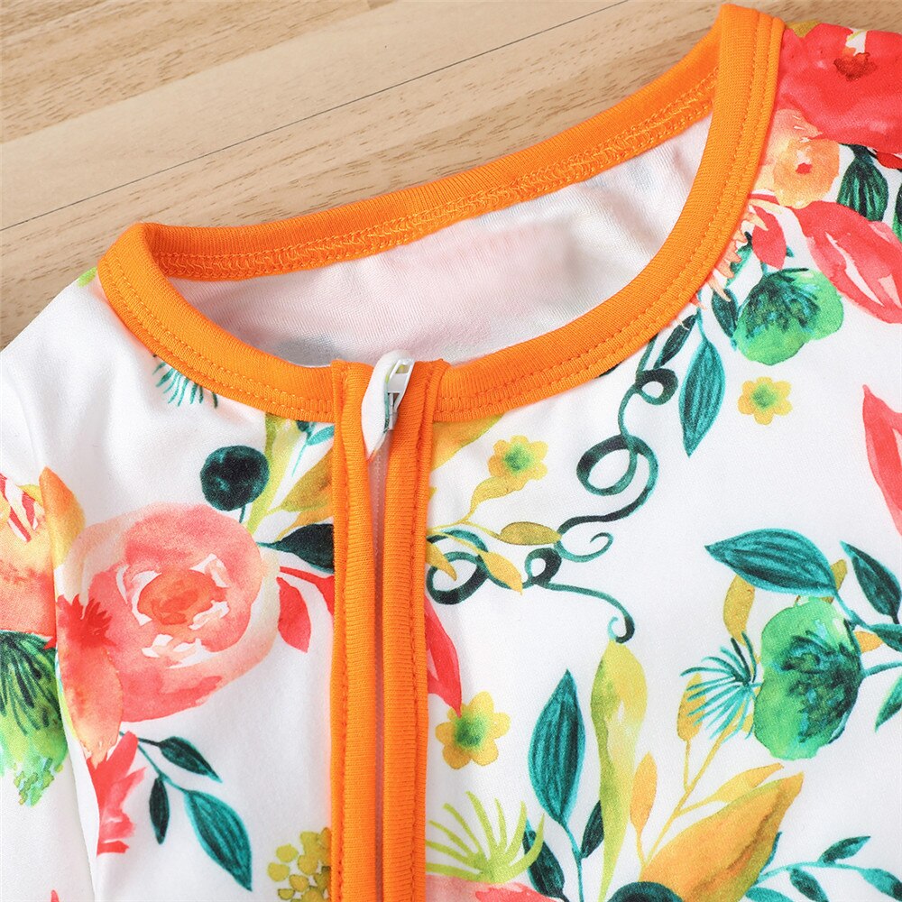 Orange Floral Baby Girls Footies - Zipped Jumpsuit for Newborns and Toddlers
