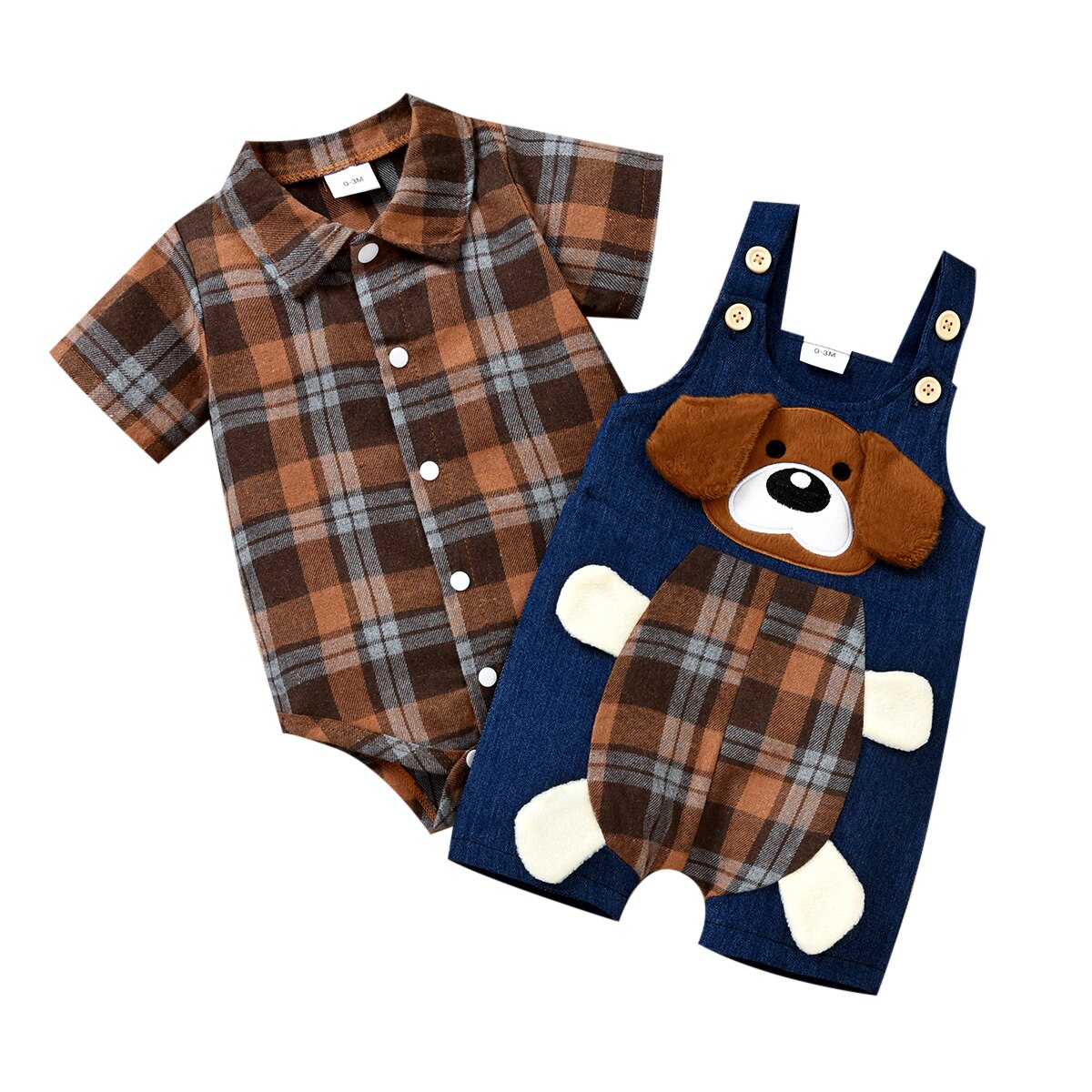 Cartoon Bear Baby Boy Outfit Set: Red Plaid Shirt and Denim Overalls