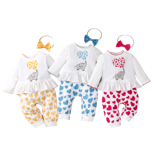 Infant Rompers + Headband Sets Spring Autumn Long Sleeve Suits Boys Girls Cartoon Heart Jumpsuit Girl Clothing Sets