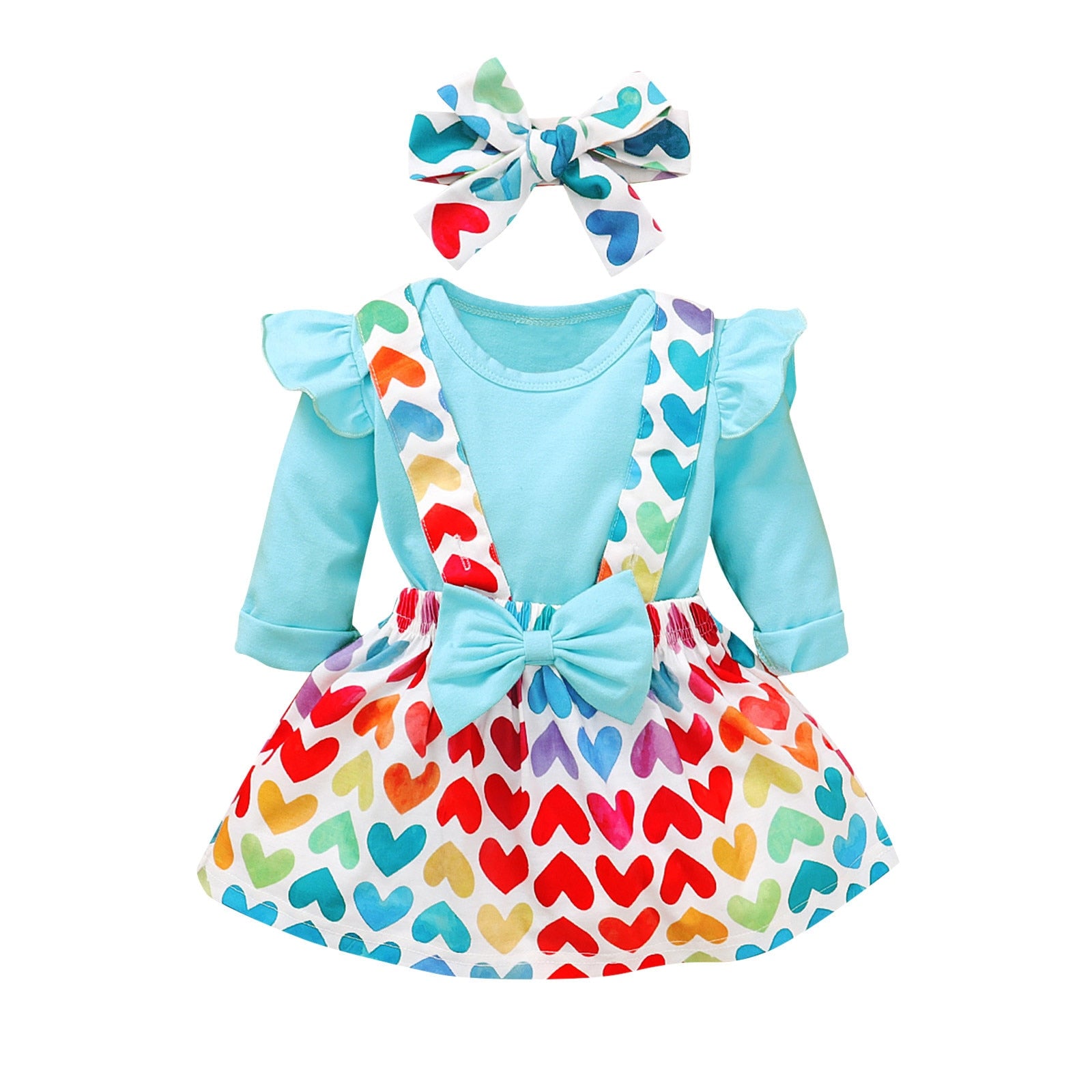 Adorable 3pcs Ruffle Cotton Romper Heart Suspender Skirts Set for Newborn Baby Girls