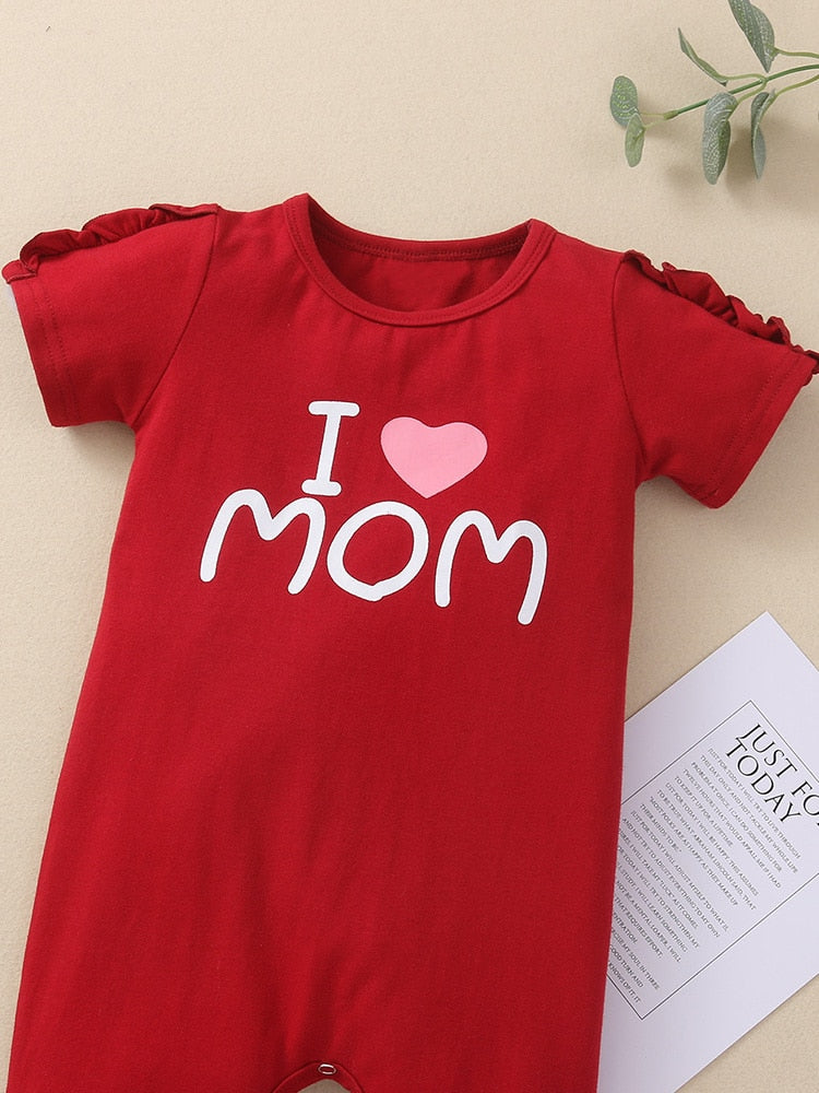 Stylish Solid Baby Rompers and Hat with "Love Mom" Costume for Newborn Girls