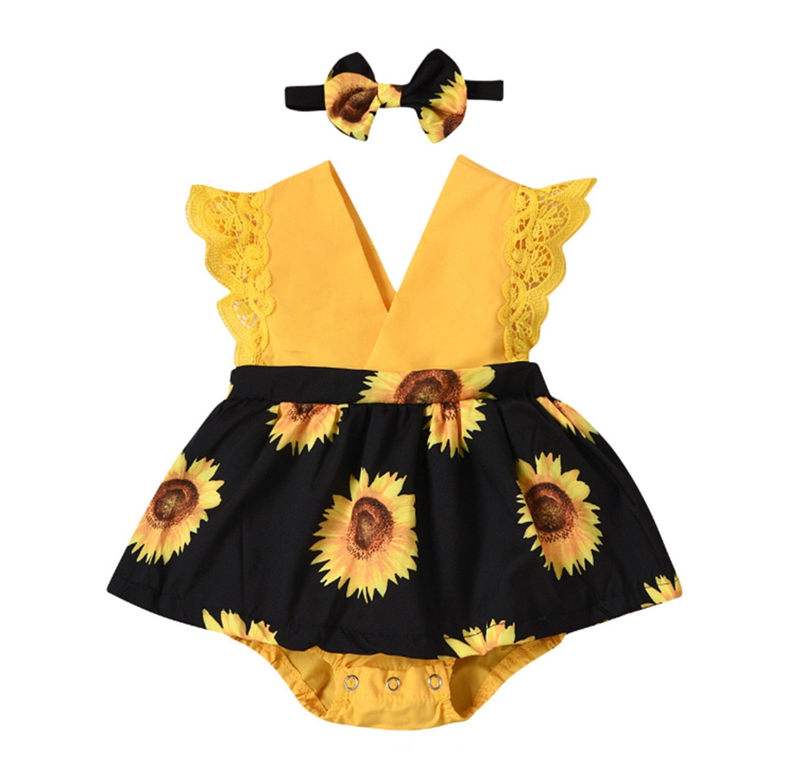 Newborn Baby Sunflower Print Romper Set with Headband - Sleeveless Infant Outfit