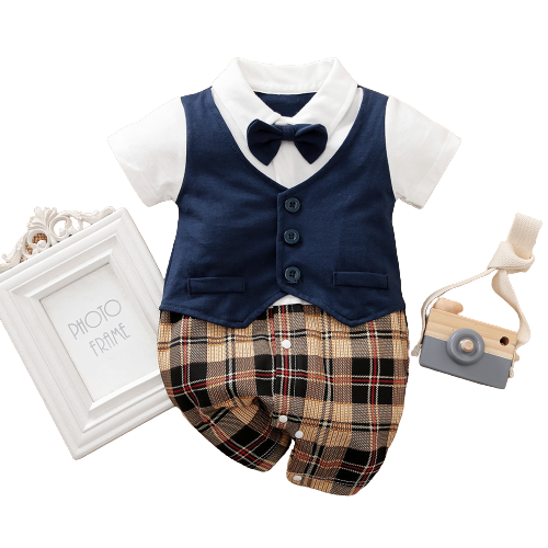 Dapper Little Dude: Gentleman Baby Boy Rompers with Plaid Necktie
