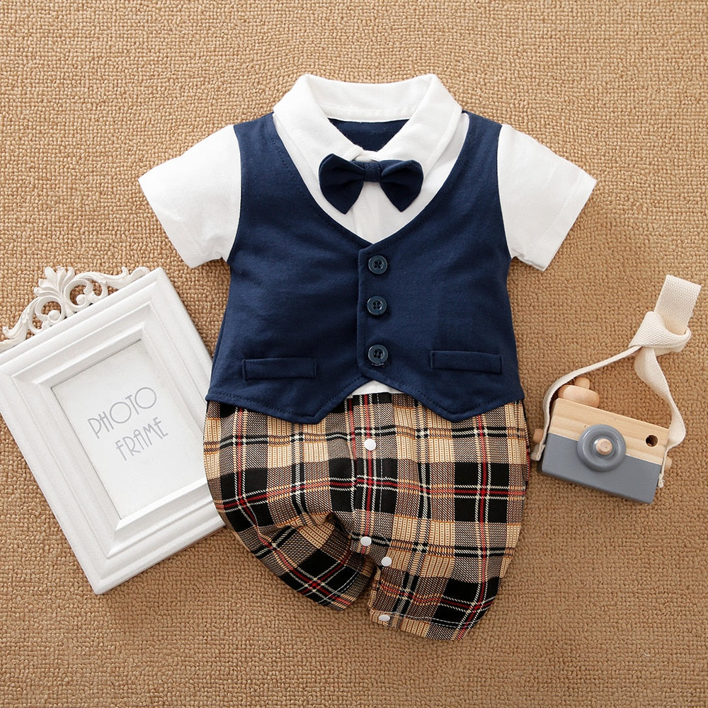 Dapper Little Dude: Gentleman Baby Boy Rompers with Plaid Necktie