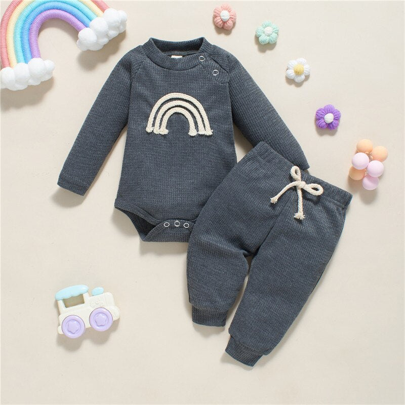 Rainbow Print Plaid Knitted Long Sleeve Rompers+Pants 2pcs Casual Outfits for Toddler Infant Baby Boy Girls
