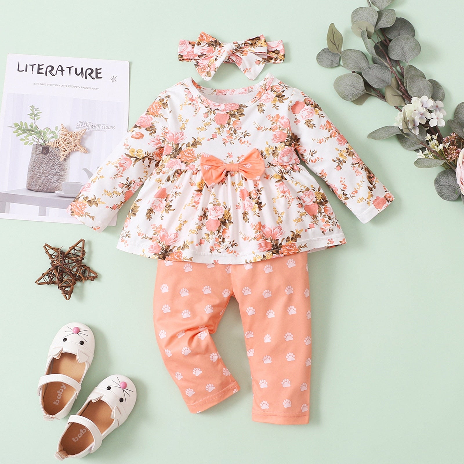 Cute 3pcs Floral Bow Top and Polka Dot Pants Set for Newborn Baby Girls