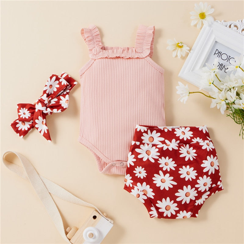 Solid Knitting Sleeveless Bodysuits Flower Shorts Headband 3Pcs Newborn Baby Girls Clothes Set