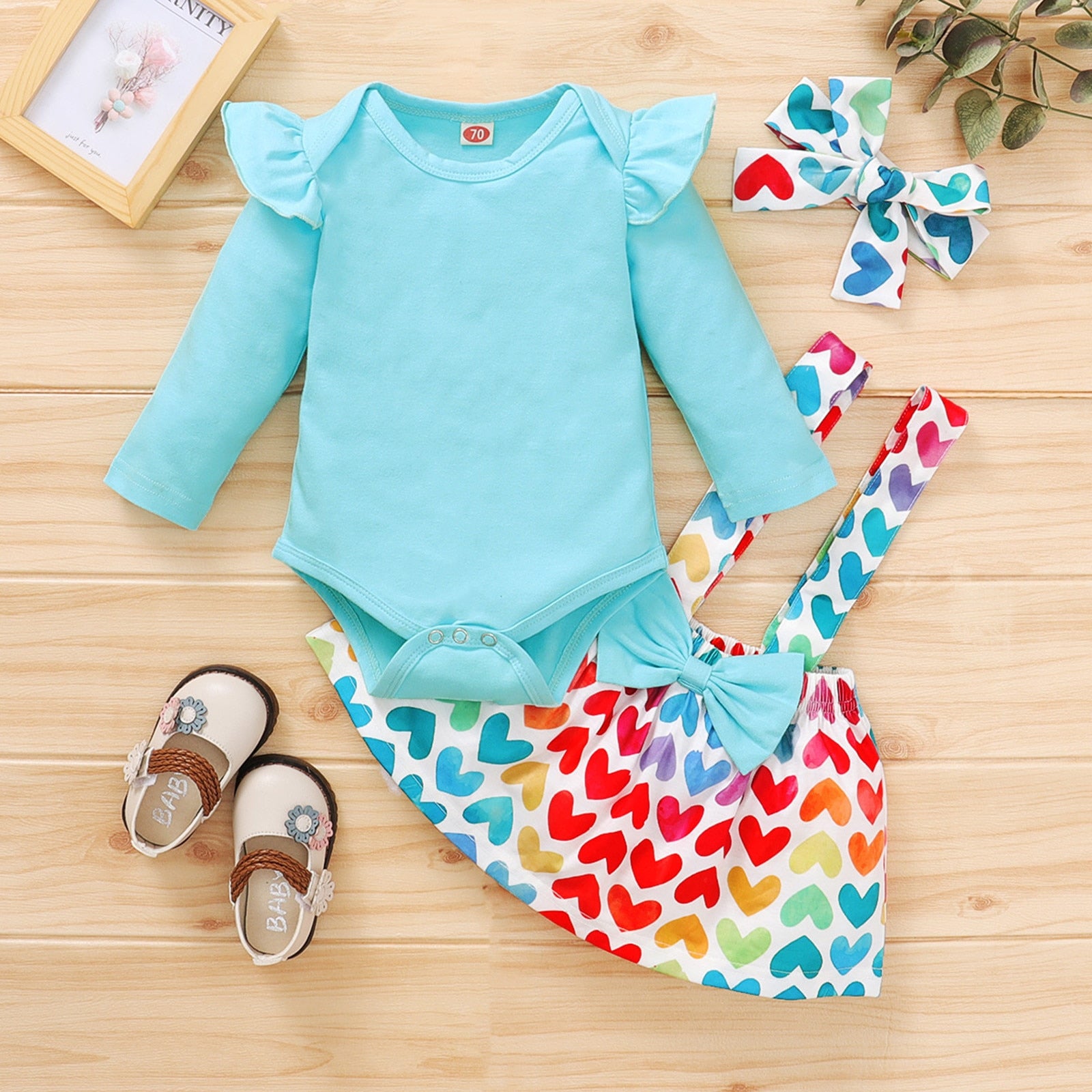 Adorable 3pcs Ruffle Cotton Romper Heart Suspender Skirts Set for Newborn Baby Girls
