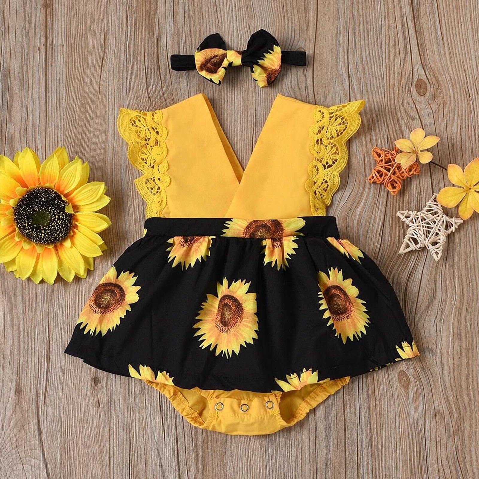 Newborn Baby Sunflower Print Romper Set with Headband - Sleeveless Infant Outfit