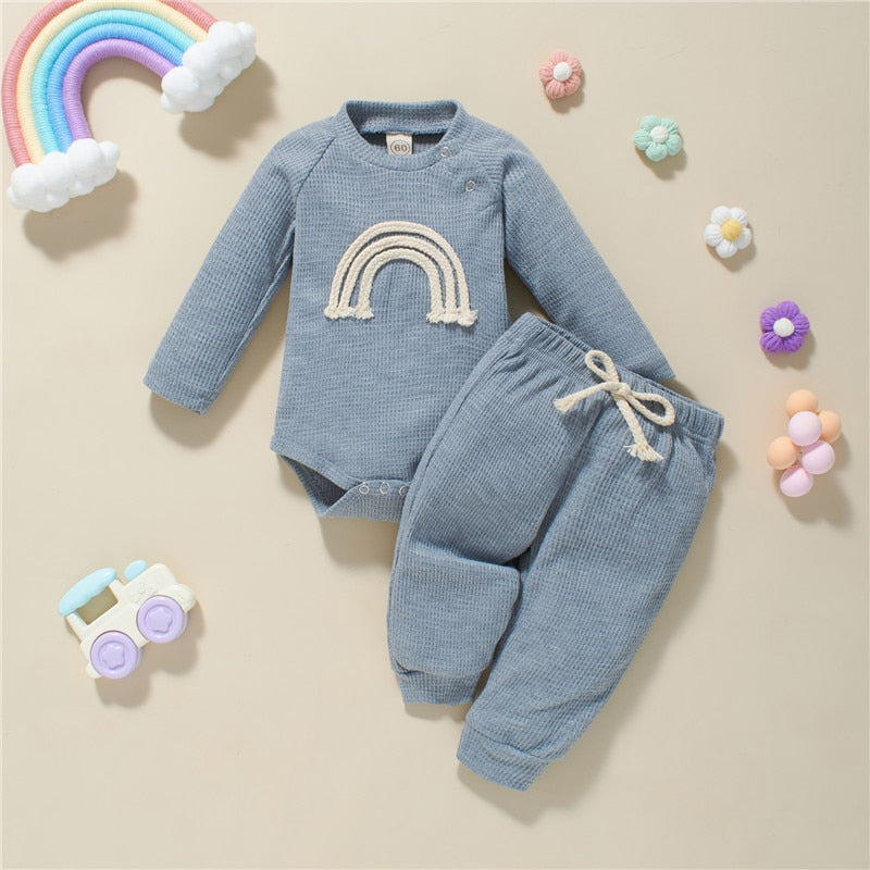 Rainbow Print Plaid Knitted Long Sleeve Rompers+Pants 2pcs Casual Outfits for Toddler Infant Baby Boy Girls