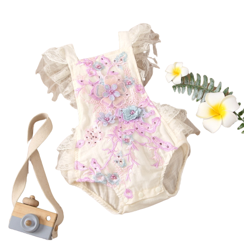 Embroidered Flower Baby Romper with Lace for Newborn Girls