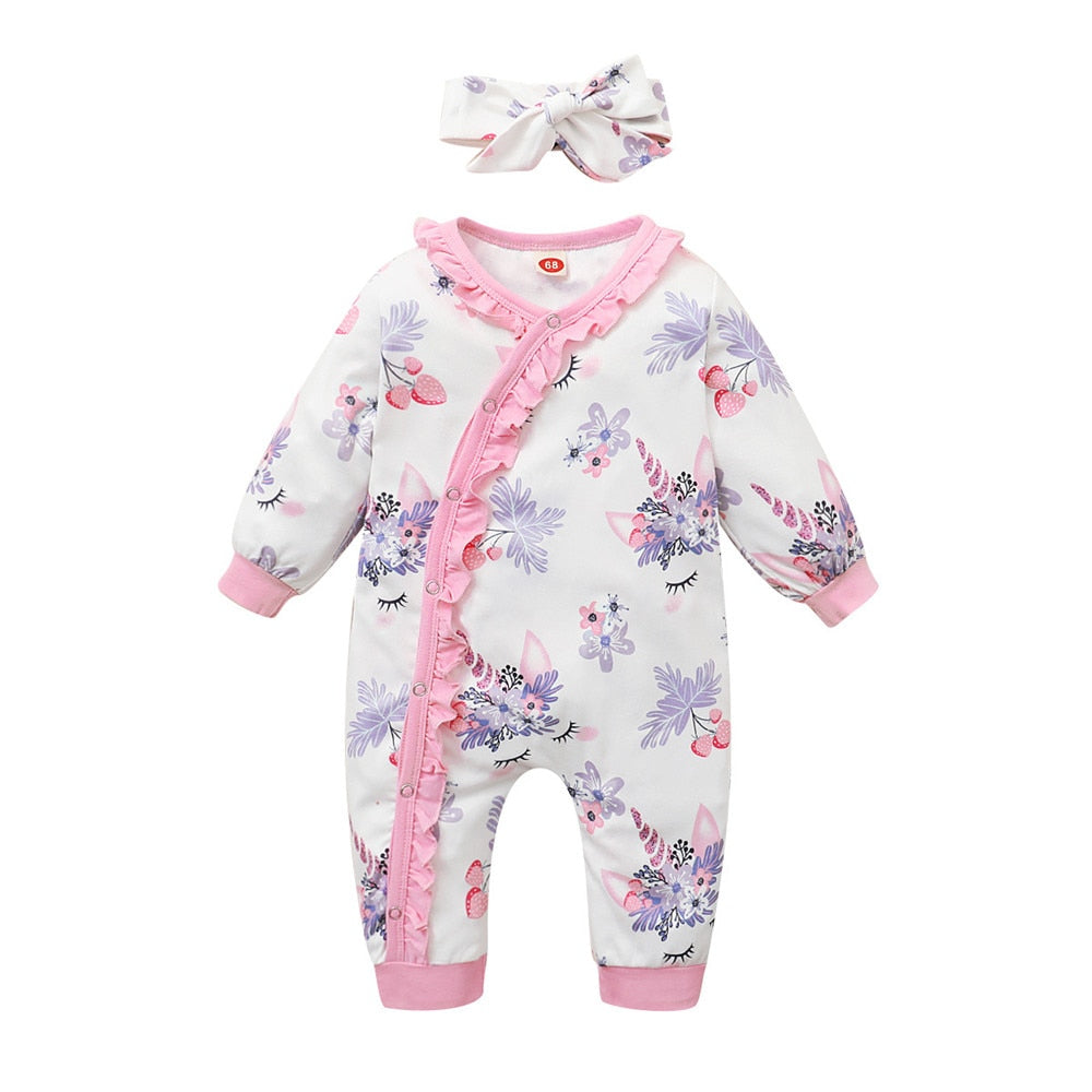 Floral Long Sleeve Baby Romper for Newborn Girls with Ruffles and Headband