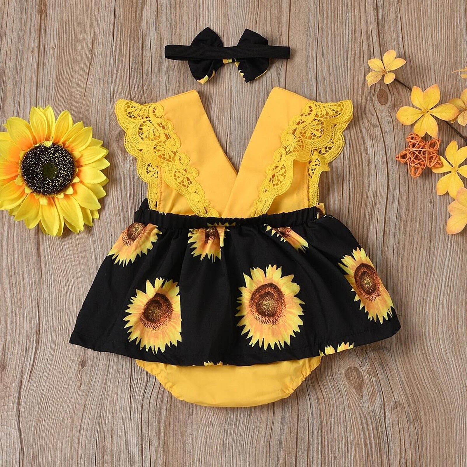 Newborn Baby Sunflower Print Romper Set with Headband - Sleeveless Infant Outfit