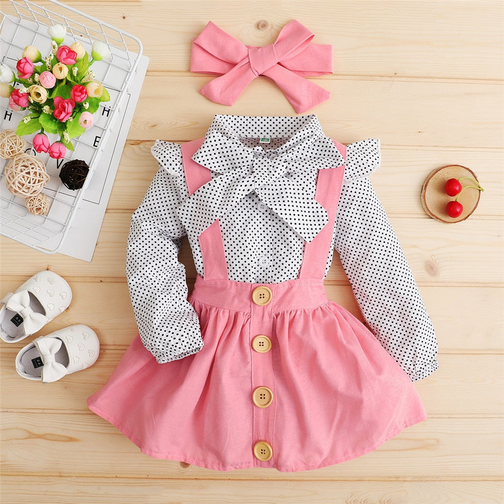 Polka Dot Toddler Dress Set with Bow Top T-shirt, Suspender Skirt and Headband