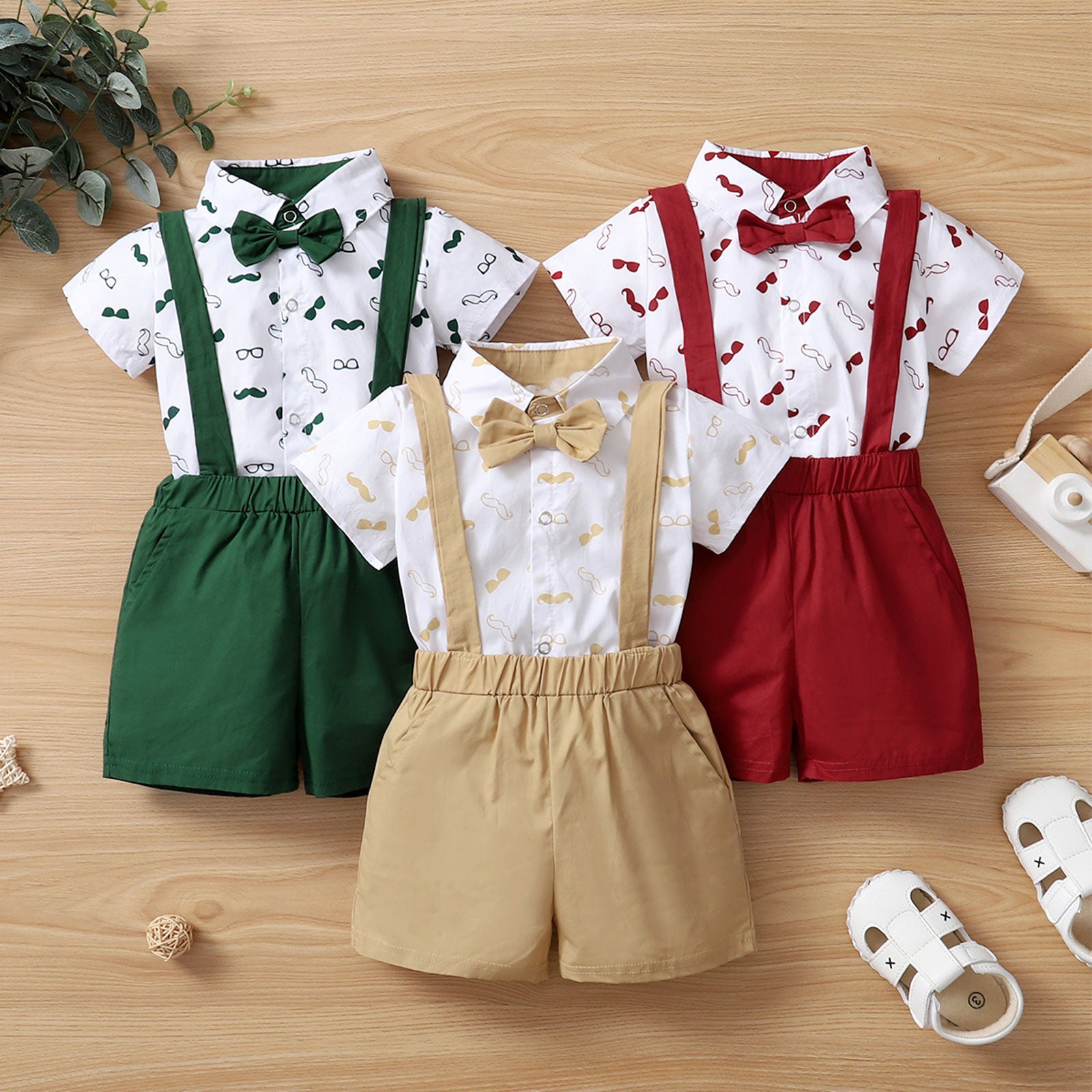 Summer Baby Boys Clothes Set Beard Print Shirt + Suspender Shorts Gentleman Outfits