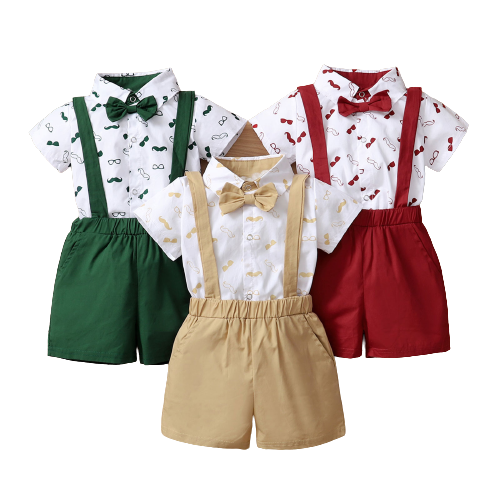 Summer Baby Boys Clothes Set Beard Print Shirt + Suspender Shorts Gentleman Outfits