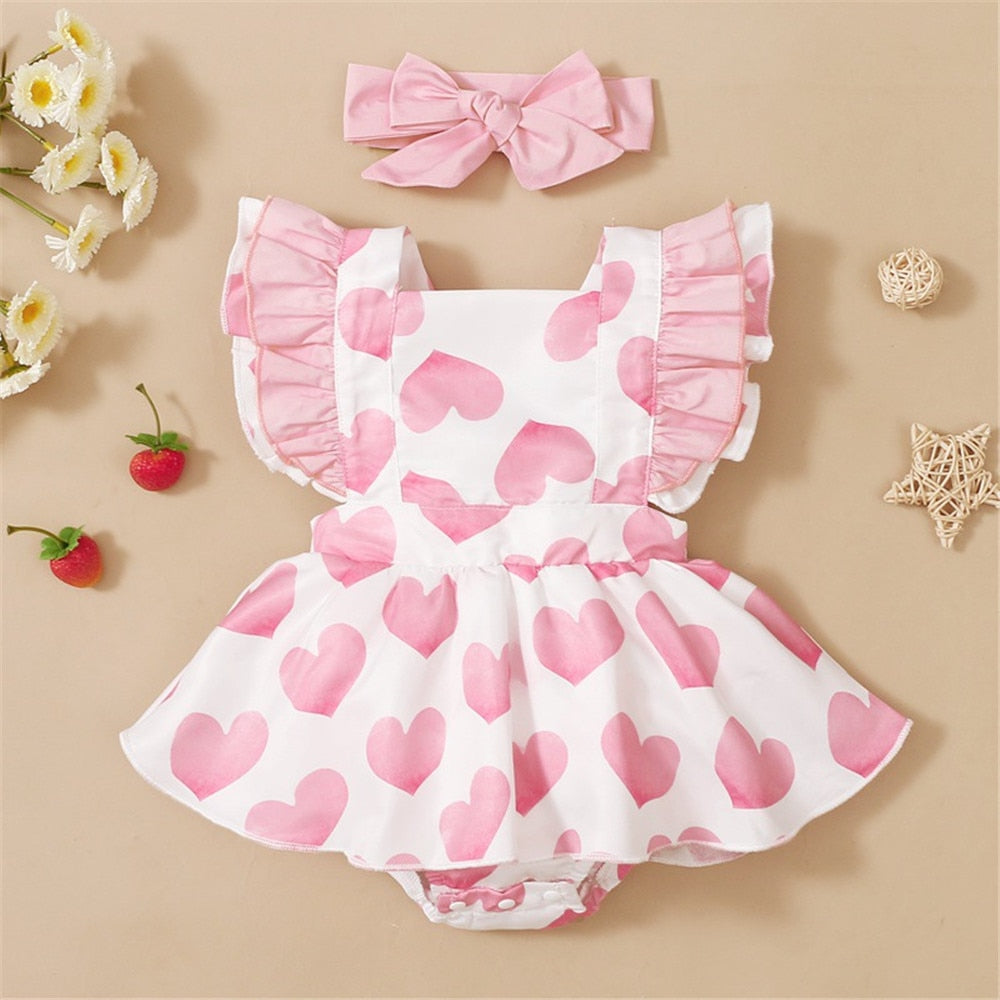 Adorable Valentine's Day Outfit for Baby Girls - Heart Printed Bodysuit Dress and Romper Set