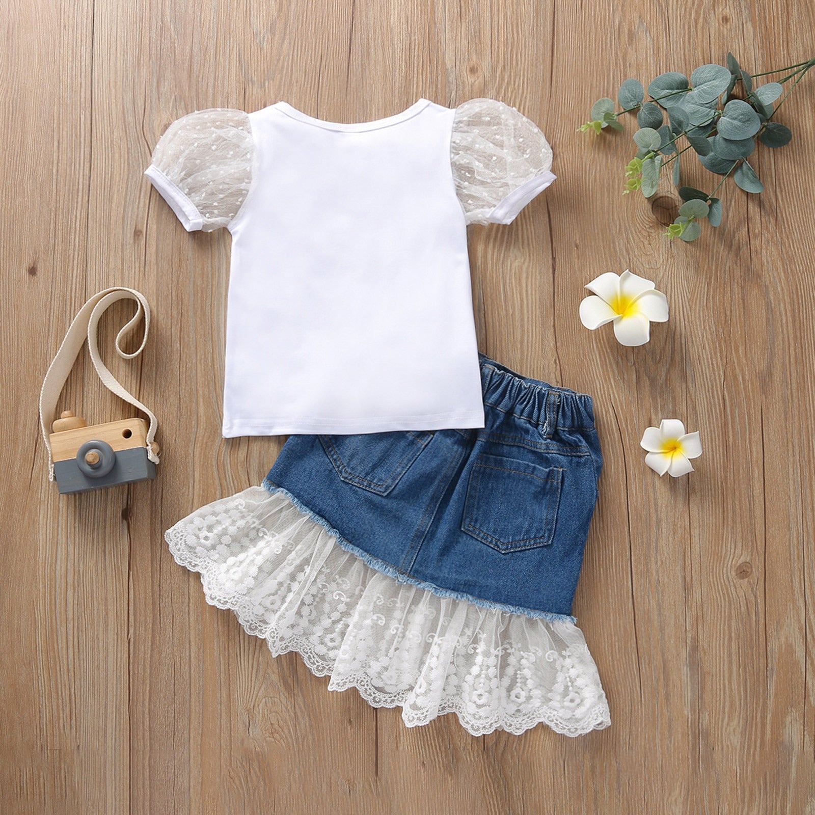 New Hot Fashion Toddler Girls Clothing Sets - Puff Sleeve Top + Jeans Lace Tulle Skirts Summer Outfits Sets