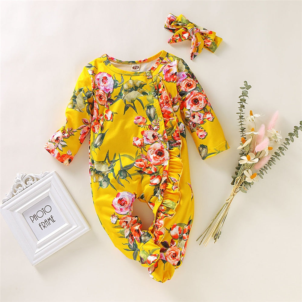 Adorable Girls' Winter Jumpsuit with Floral Ruffles for Newborns and Toddlers