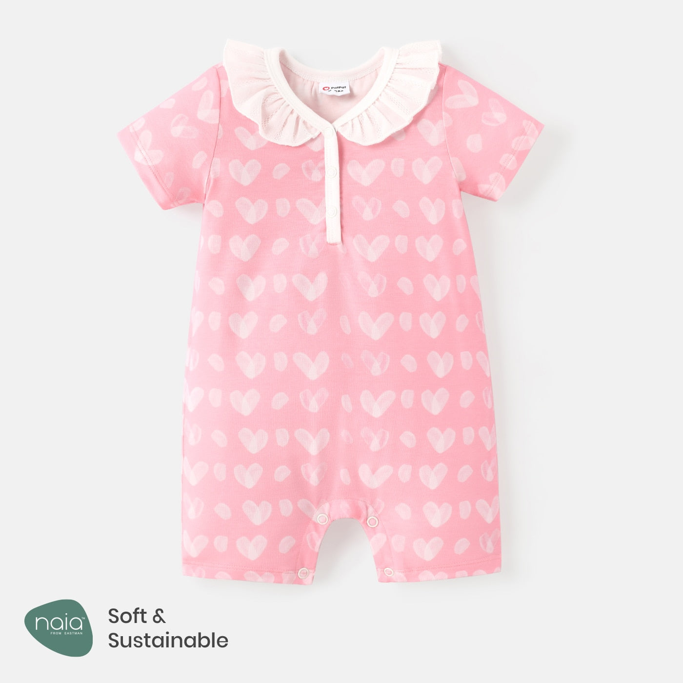 PatPat Valentine's Day Baby Girl Allover Heart Print Ruffle Collar Short-sleeve Naia Romper