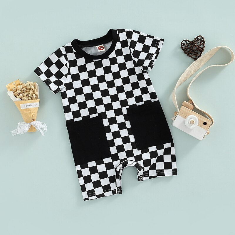 Stylish Black and White Plaid Baby Romper with Pockets