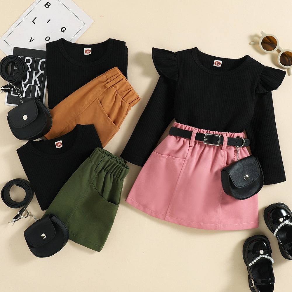 9M-4Y Kids Dress for Girls: Long Sleeve Pullover Tops T-Shirt+Skirt With Bag Baby Dresses Children Clothing