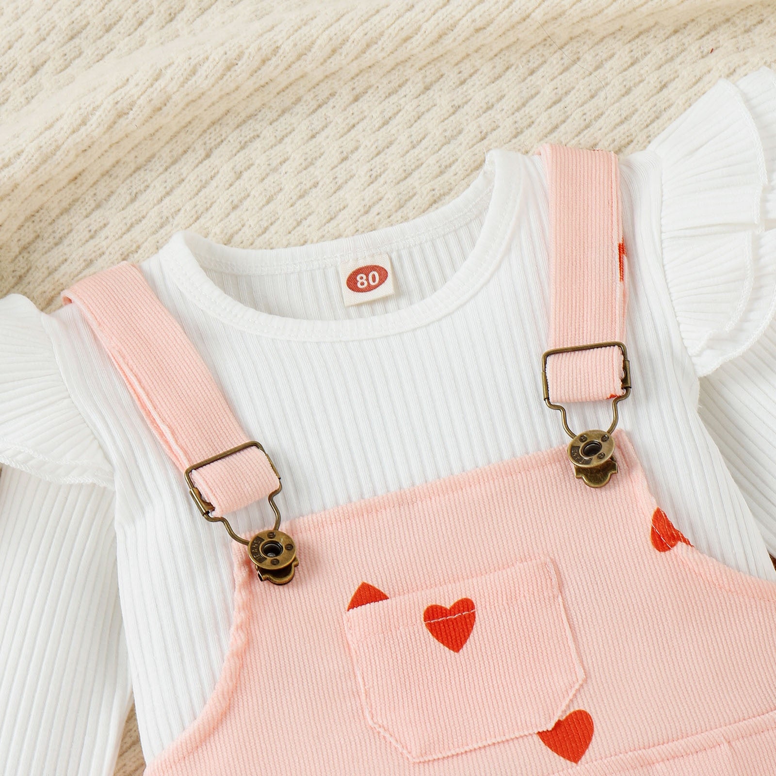 Valentine's Day Children's Fashion Clothes Set: Long Sleeve Tops and Heart Print Suspender Trousers for Girls