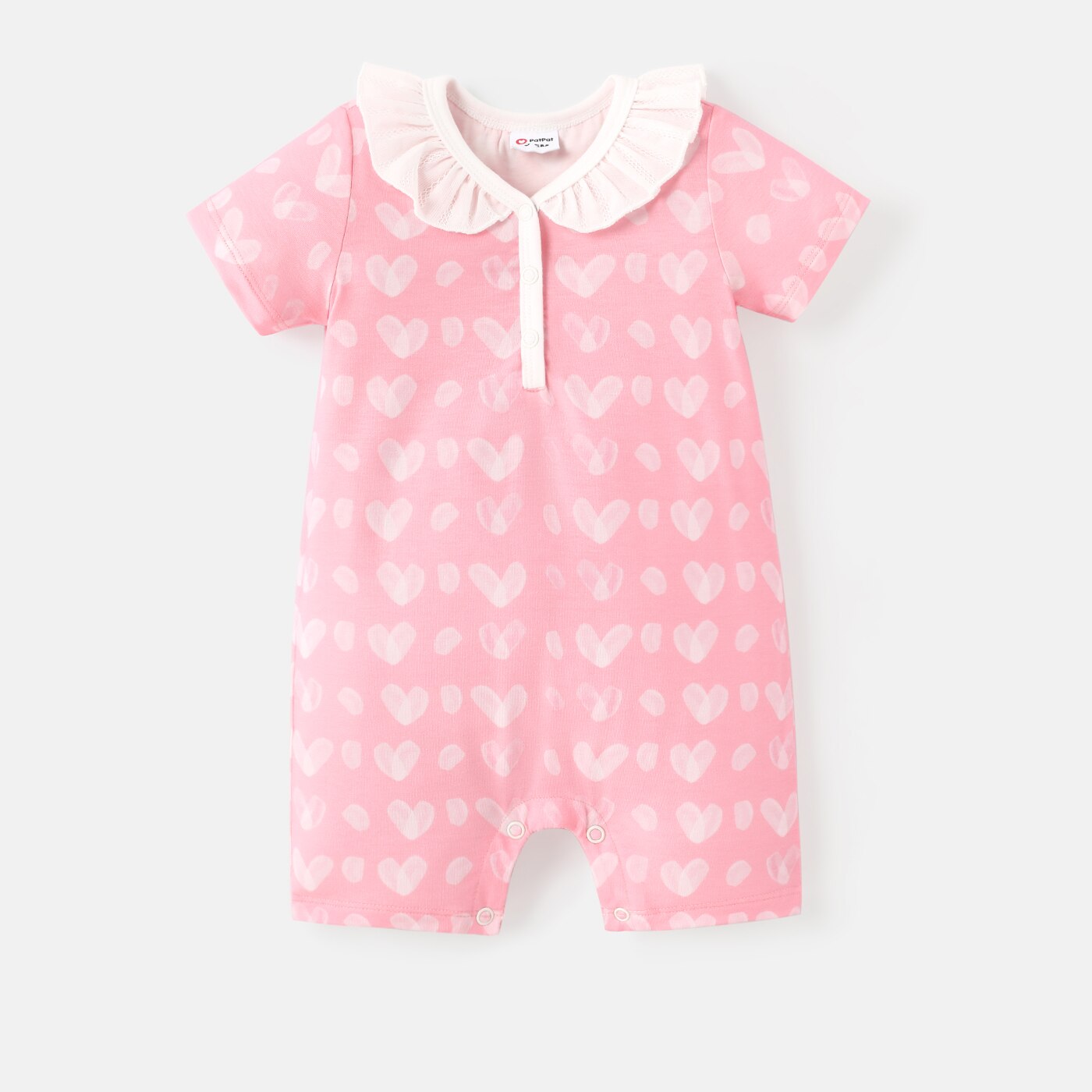 PatPat Valentine's Day Baby Girl Allover Heart Print Ruffle Collar Short-sleeve Naia Romper