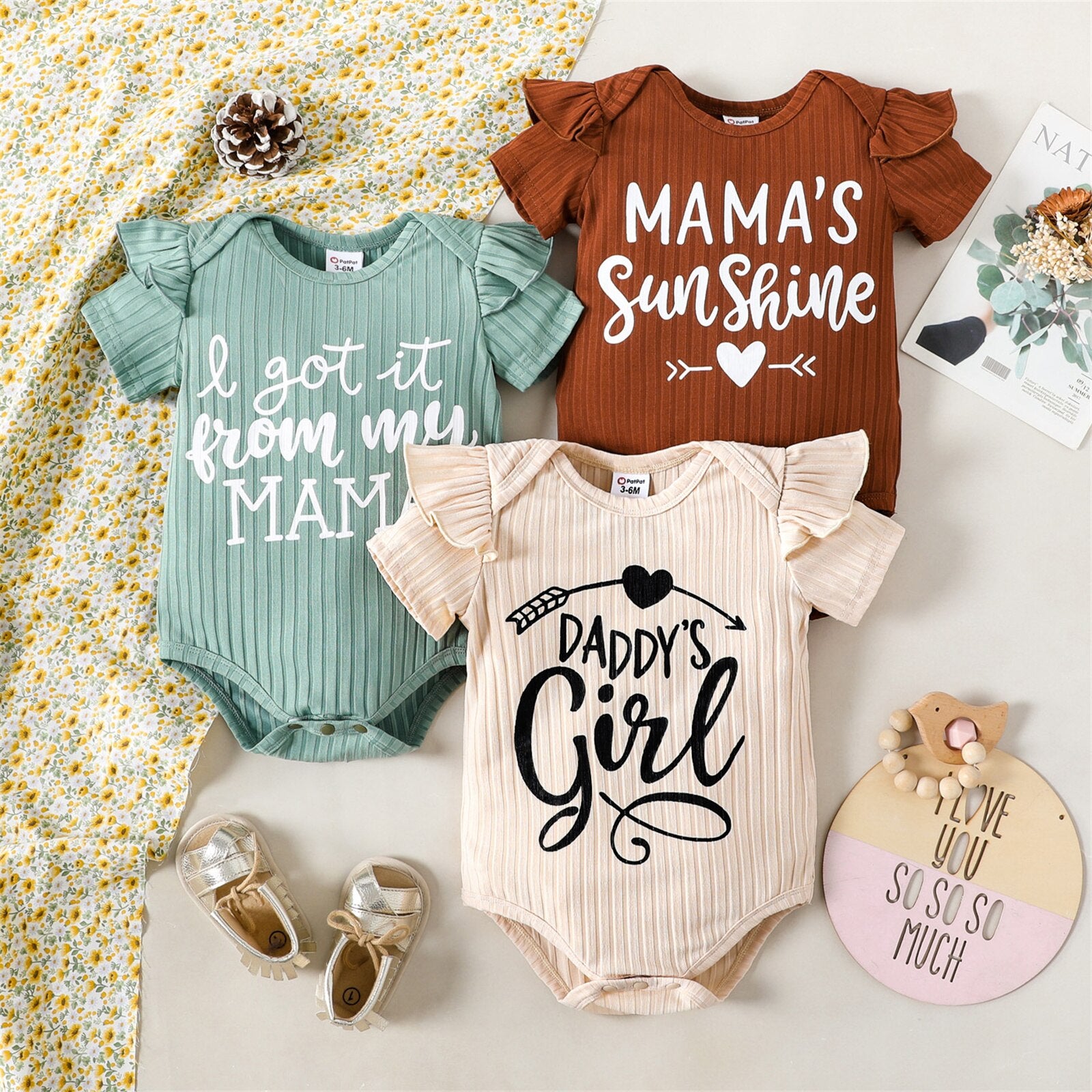 Newbrow Baby Girl Summer Romper with Ribbed Ruffle and Letter Print