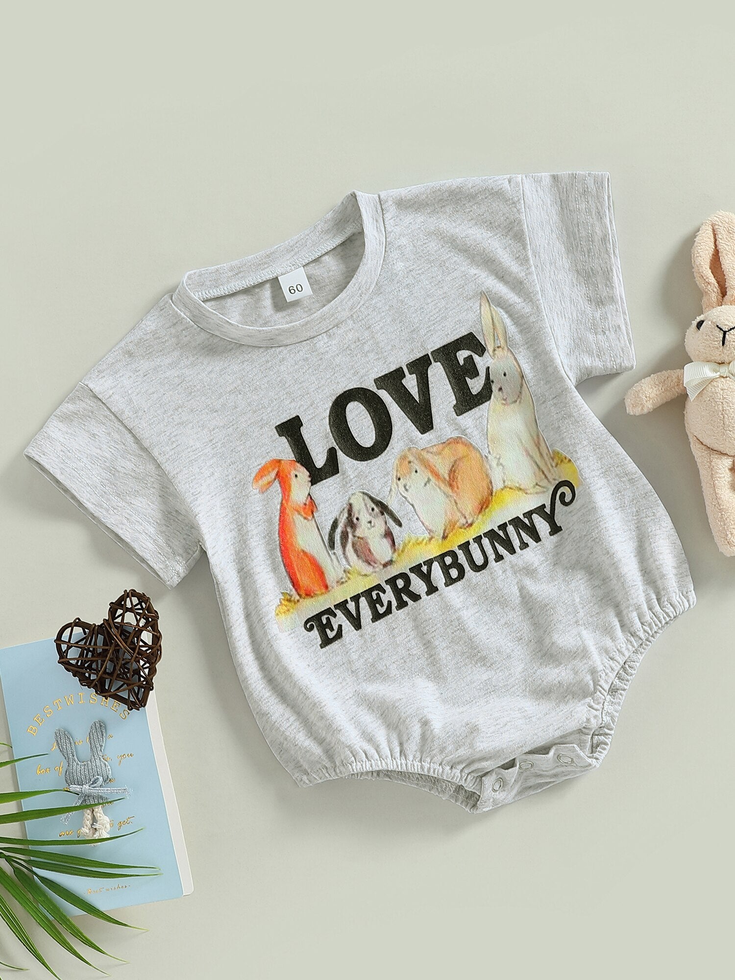 Adorable Baby Girls Boys Short Sleeve Romper with Rabbits and Letters Print