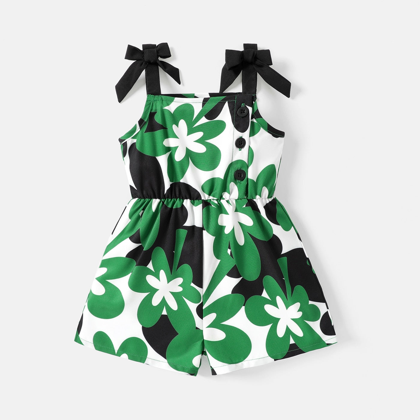 Baby Girl Floral Print Sleeveless Romper Shorts with Bow Detail